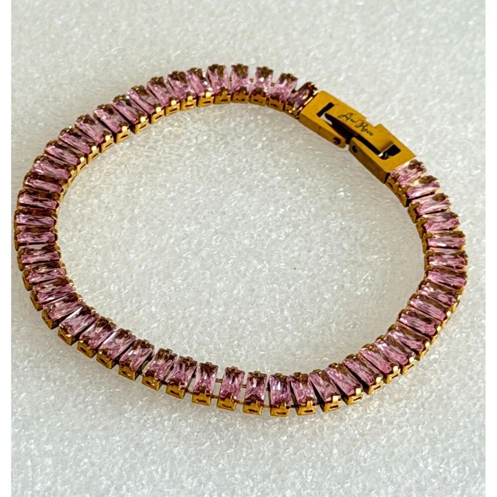 LinReve Gold Tone Stainless Steel Pink Baguette Cubic Zirconia Tennis Bracelet